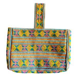 VTG Embroidered Burlap Jute Purse Bag Women Multicolor Crewel Folk Boho Beach